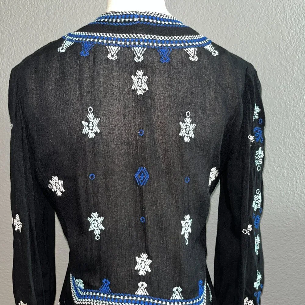 FP FREE PEOPLE STAR GAZER BLACK & BLUE LONG SLEEVE EMBROIDERED DRESS - EUC -  XS